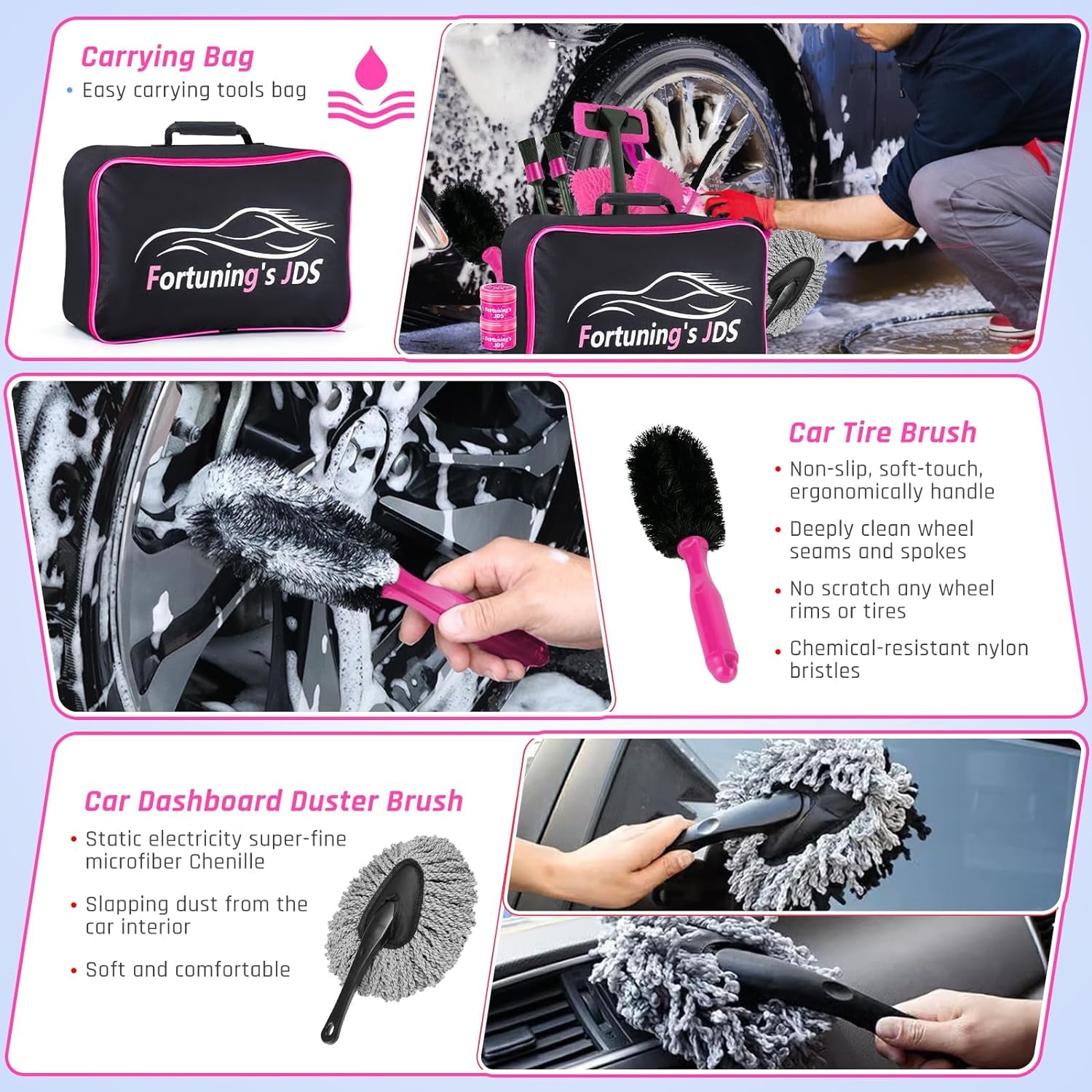 47PCS Car Detailing Kit Interior Cleaner, Car Cleaning Supplies with High Power Car Vacuum Cleaner,Auto Detailing Kit,Car Wash Kit with Bucket Detailing Brush Set, Pink Car Accessories for Women
