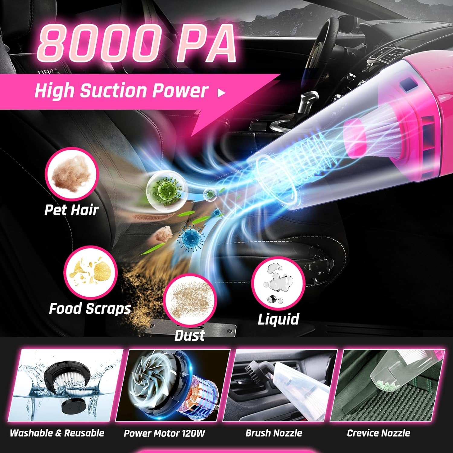 47PCS Car Detailing Kit Interior Cleaner, Car Cleaning Supplies with High Power Car Vacuum Cleaner,Auto Detailing Kit,Car Wash Kit with Bucket Detailing Brush Set, Pink Car Accessories for Women