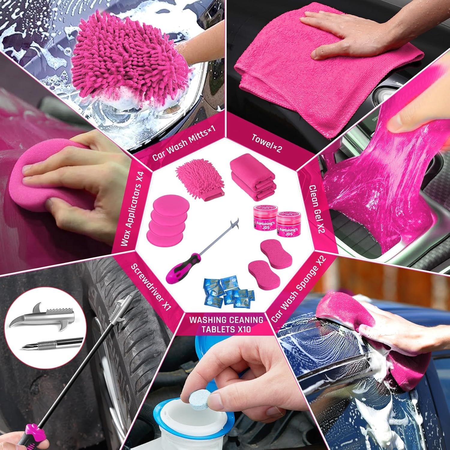 47PCS Car Detailing Kit Interior Cleaner, Car Cleaning Supplies with High Power Car Vacuum Cleaner,Auto Detailing Kit,Car Wash Kit with Bucket Detailing Brush Set, Pink Car Accessories for Women