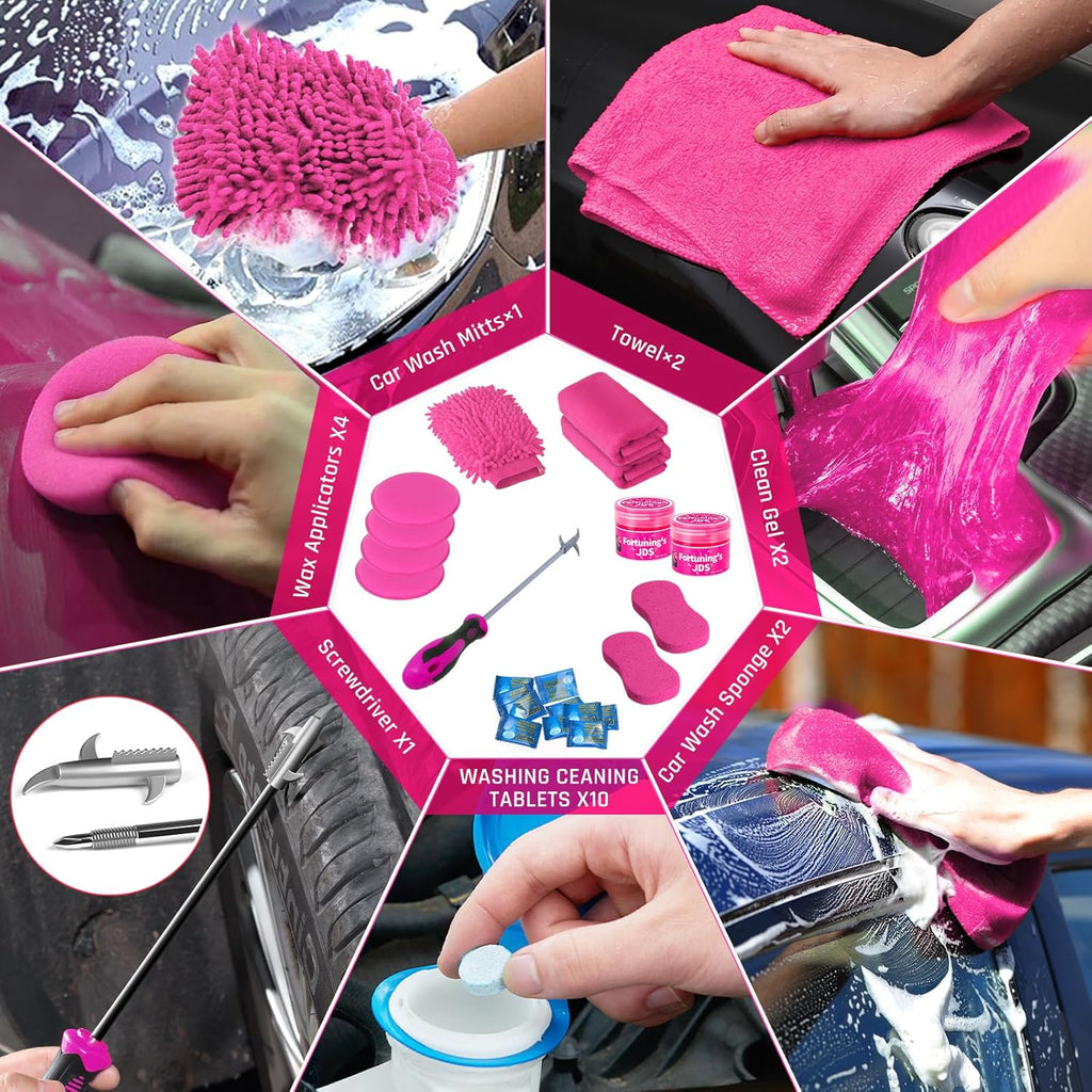 47PCS Car Detailing Kit Interior Cleaner, Car Cleaning Supplies with High Power Car Vacuum Cleaner,Auto Detailing Kit,Car Wash Kit with Bucket Detailing Brush Set, Pink Car Accessories for Women